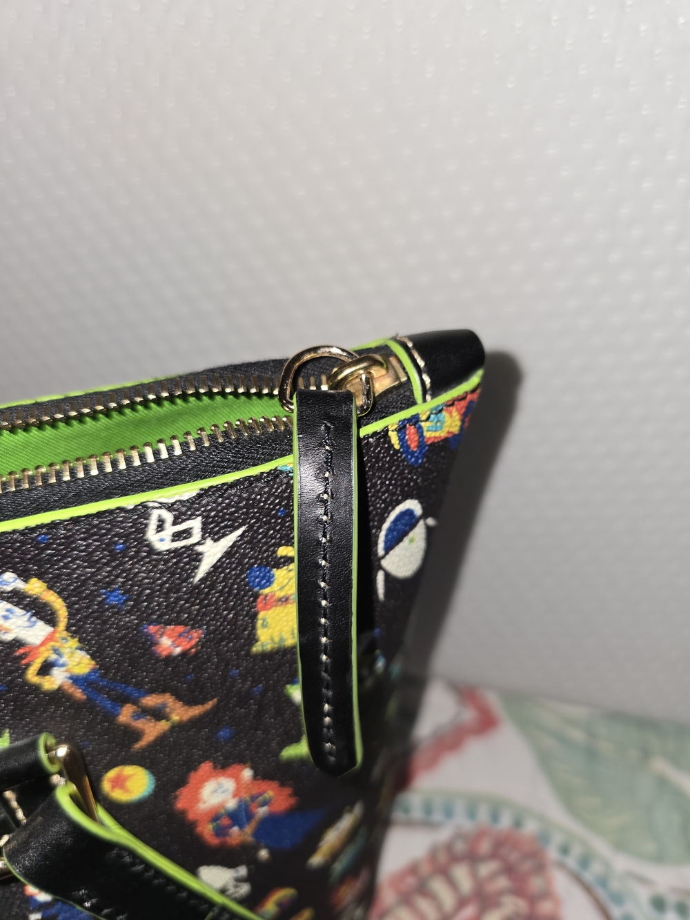 Dooney & Bourke Black Toy Story Print Tote with Neon Green Trim - Picture 13 of 14